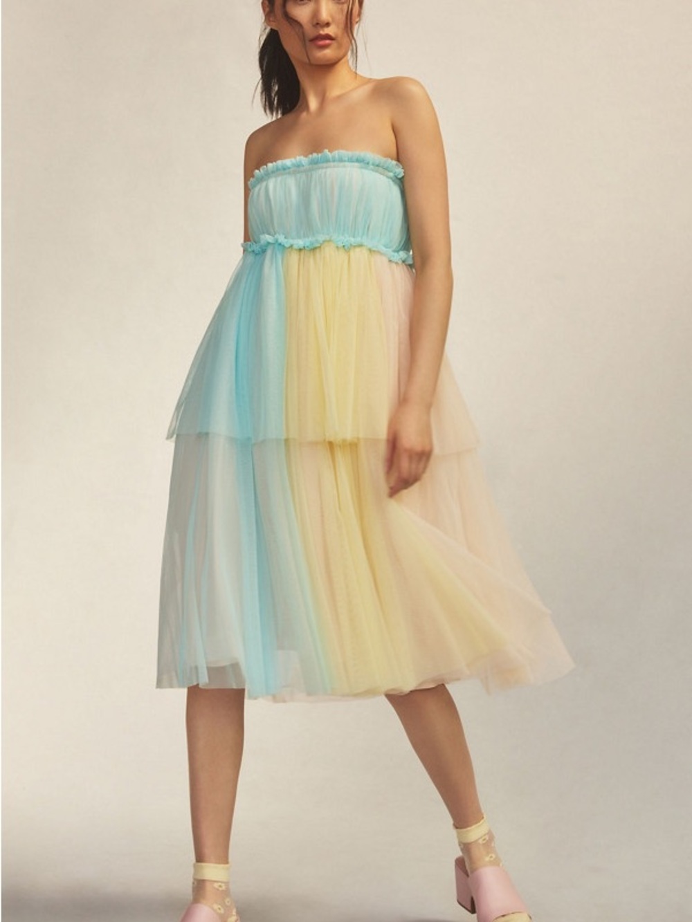 Strapless Pastel Tulle Layered Midi Dress Rainbow